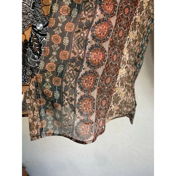 Desigual Mixed Print Boho Button Up Top XS Semi Sheer Patchwork Bohemian Luxury - Picture 5 of 7
